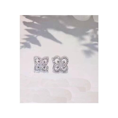 Brand Pure 925 Sterling Silver Jewelry For Women Flower Earrings Cubic Zirconia Four Leaf Lotus Stud Earring Party Earrings 15MM