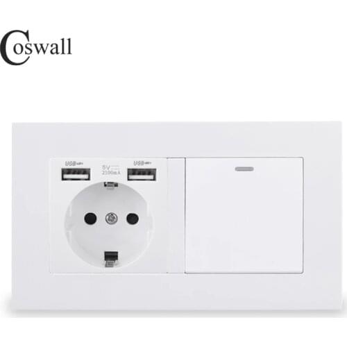 COSWALL EU Standard Wall Socket Grounded With 2 USB Charge Port Hidden Soft LED + 1 Gang 1 Way On / Off Light Switch PC Panel
