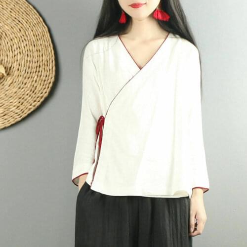 Hanfu Top Women Summer Vintage Retro Top Female Beach Womens Kimono Shirt V Neck Chinese Asian Style Cotton Linen Blouse Party