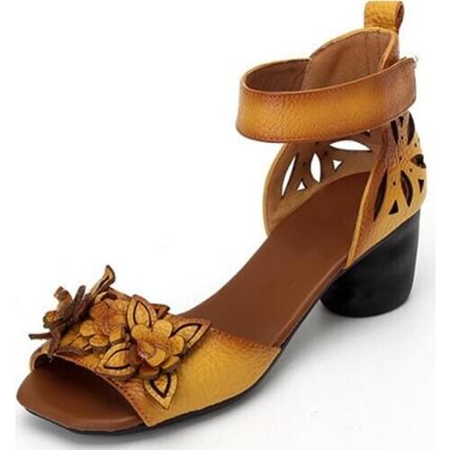 Best Sale Women Shoes 2021 Top Cowhide Flowers Summer Women Sandals Non-Slip Genuine Leather Sandals Fashion High Heel Sandals