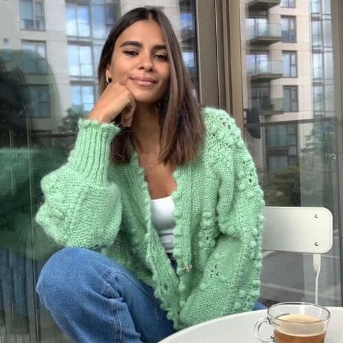 Ardm Fashion Women Sweaters Elegant Fur Pompon Gem Button Knitted Cardigan Sweater Vintage Winter Female Outerwear Chic Tops