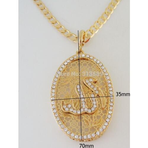 Min order 10$/- YELLOW GOLD GP 32" CUBAN NECKLACE & BIG OVAL MUSLIM ALLAH GOD CZ PENDANT/Great Gift/Great Money Maker