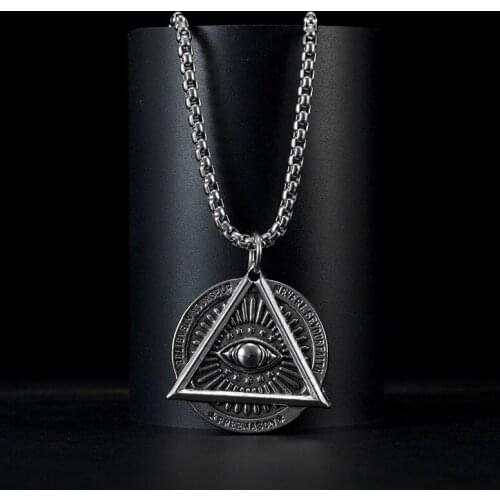 YWSHK Freemason Demon Eye Mens Necklace Pendant Letter Chain Meaning Never Lose Faith Believe Your Self Punk Jewelry Wholesale