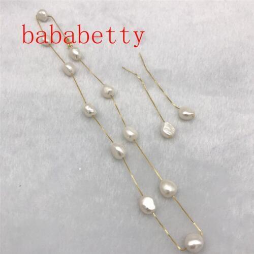 Classic 10-11mm natural baroque white black pearl necklace Earrings 925 sterling silver chain set 17"