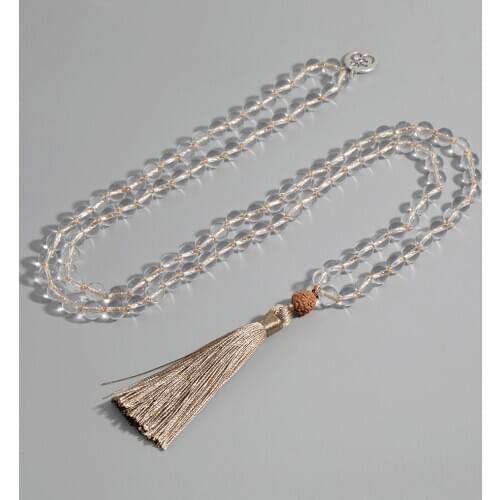 8mm White Crystal Beaded 108 Mala Handmade Knotted Long Necklace Women Fashion Charm Jewelry Rudraksha Khaki Tassel OM Pendant