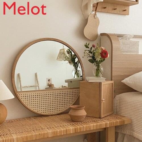 Retro Ins Style Handmade Vine Woven Mirror Bedroom and Household Bed & Breakfast Solid Wood Cosmetic Mirror Wall-Hanging Mirror