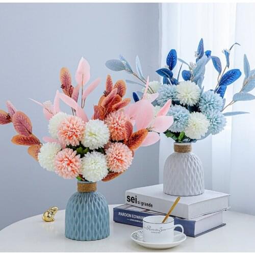 Fake Bouquet Silk Flowers Artificial Nordic Blue Pink Eucalyptus Bunch Desk Decor Ball Dandelion Flower Home Garden Decoration