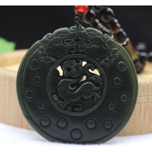 Natural Dark Green Hetian Jade Qingyu Carved Double-Sided Pixiu Round Pendant Amulet Pendants Necklace For Men Women Jewelry