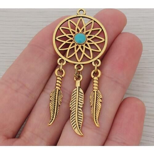 6 x Antique Gold Feather Dream Catcher Connector Bracelet Necklace Charm Pendant for Jewelry Making Findings 65x27mm
