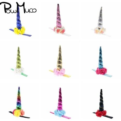 Powmuco Infant Fashion Artificial Flowers Elastic Headband Glitter Unicorn Horn Floral Hairband DIY Party Decoration Photo Props