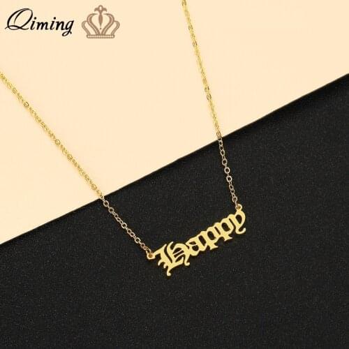 QIMING Handmade Old English Letter Happy Necklace For Girls Women Gold Jewelry Statement Everyday Necklace Party Gift