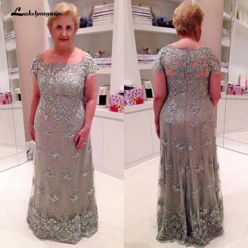 Grey Mother Of The Bride Dresses Scoop Neck Lace Applique Illusion Long Plus Size Evening Dress Wedding Guest Dresses