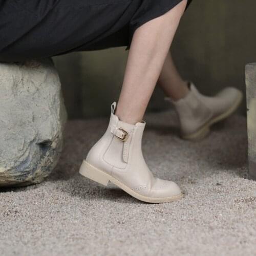 Comfortable Soft Full Grain Leather Chelsea Boots Women New Punk Metal Buckle Low Heels Round Toe Short Boots Beige Nude Shoe 40