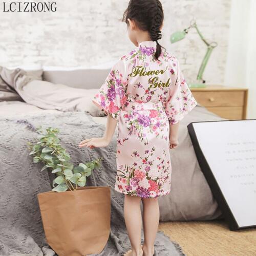 Spring Faux Silk Flower Girls Robes Fashion Floral Dressing Gown For Kids Summer Pajamas Nightwear Children Clothes