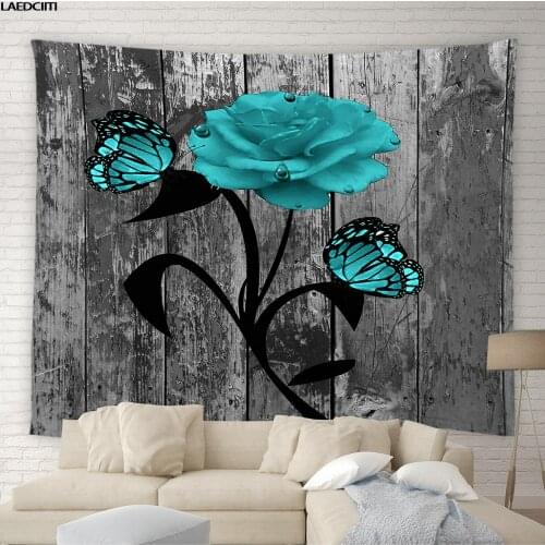 Rose Flowers Tapestry Butterfly Vintage Old Wood Stone Brick Art Design Background Wall Hanging Living Room Bedroom Home Decor