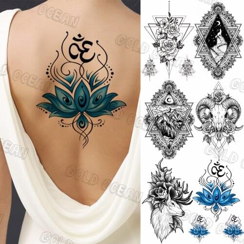 3D Color Buddha Lotus Temporary Tattoos For Women Men Realistic Geometric Mountain Elk Fake Tattoo Stickers Back Tatoos Arm