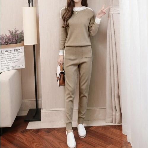 Knitted Long Sleeve Two-Piece Suits Outfits Plus Size Women Fashion Spring Contrast Color Tops Pants Casual Tracksuit Female