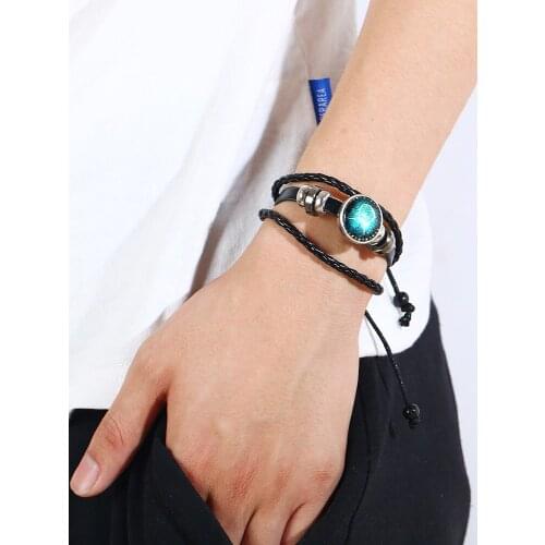 Explosive button luminous twelve constellation time gemstone personality leather bracelet braided rope beaded bracelet