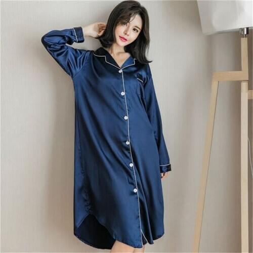 Nightdress womens shirt-style dress lapel long-sleeved spring autumn nightgown plus fat XL ice silk shirt gown pijamas women