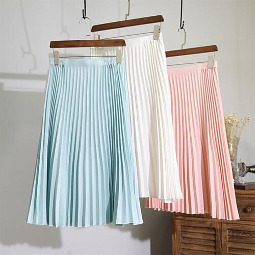 Womens Korean Style High Waist Midi Skirt 2020 Summer Casual Manual Pleated Non-fading 7 Colors Slim School Skirts Saia SK78