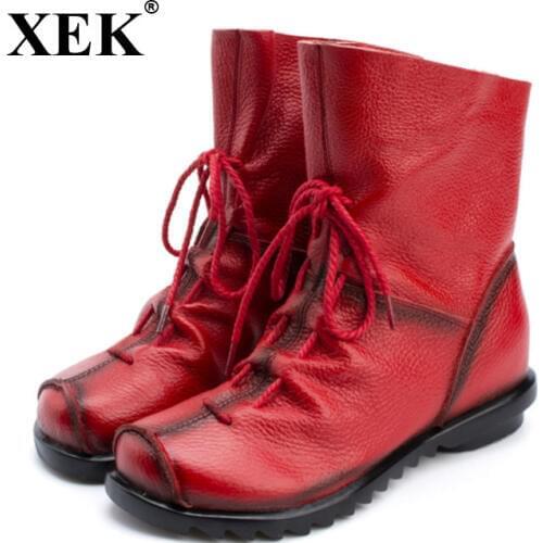 XEK 2018 Vintage Style Genuine Leather Women Boots Soft Cowhide Womens Shoes Front Zip Ankle Boots zapatos mujer ZLL19
