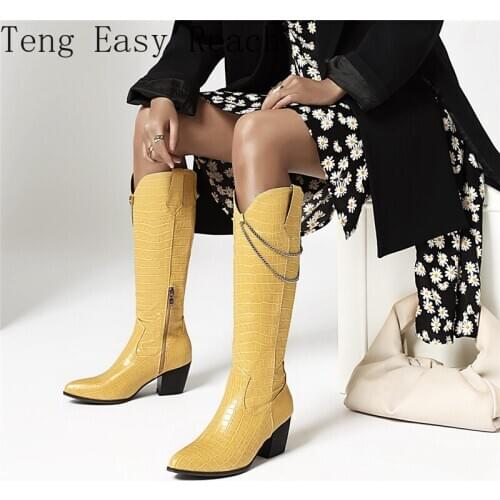Fashion Yellow White Black Embossed Pu Leather Western Cowboy Block High Heel Long Knee High Boots Ladies Shoes Winter Boots 43