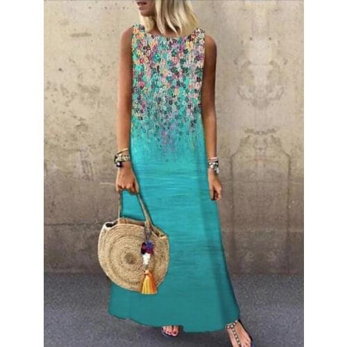 Regular sleeve trendy Pullover large swing casual 2021 summer round neck sleeveless loose print dress long skirt womens wear