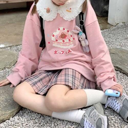 Women Cherry Cake Print Bear Embroidery Tops Preppy Style Sweet Kawaii Hoodies Lace Ruffles Peter Pan Collar Pullover Sweatshirt