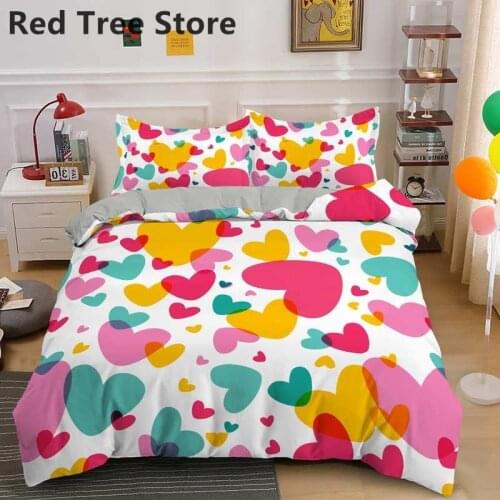 2/3Pcs Love Heart Printed Bedding Set Duvet Cover & Pillowcase with Zipper Closure Single/Double/Queen/ King Size Soft Comforter