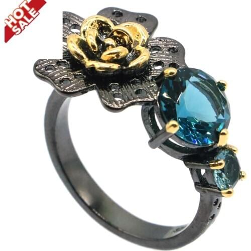 26x15mm Neo-Gothic Created London Blue Topaz Paris Blue Topaz For Sister Cool Black Metal Silver Rings Eye Catching