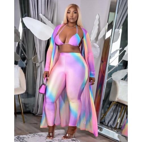 2021 Best Quality Famous Brand 3 pcs Women Set Gradient X-long Outwear Short Tops Long Pants Sexy Night Club Outfits