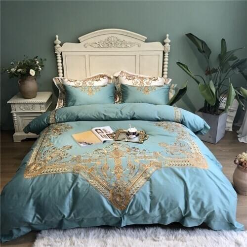 Blue luxury Embroidered 120S Egyeptian cotton Royal Bedding sets Queen King Wedding Duvet cover Bed sheet set Pillowcases 4pcs
