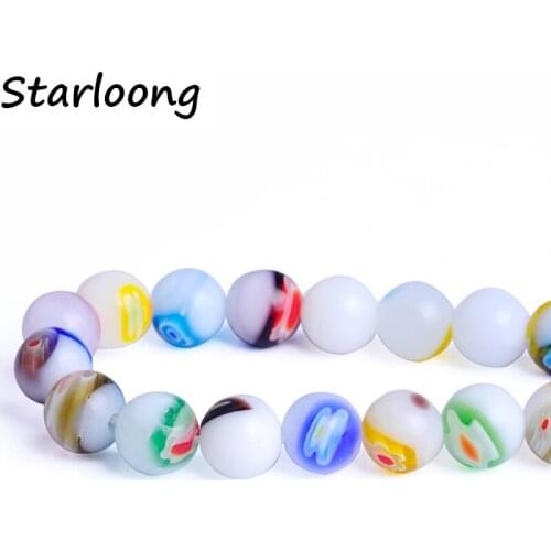 47pcs/strand 8mm White Multicolor Mixed Round Ball Strand Lampwork Glazed Glass Beads DIY for Jewelry Making Bracelet Necklace