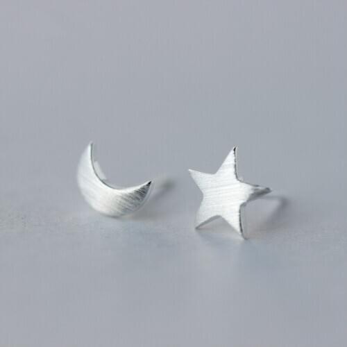925 Sterling Silver Stud Earrings Asymmetry Moon And Stars Earrings For Women Girl Christmas Gift Jewelry