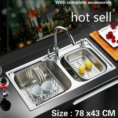 Free shipping Food grade 304 stainless steel hot sell kitchen sink 0.8 mm thick normal double trough do the dishes 78 x43 CM