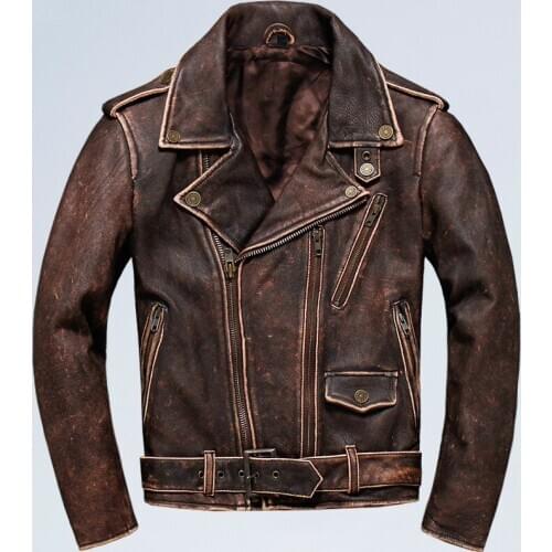 DHL Free Shipping Mens American Biker Leather Jacket Plus Size 5XL Vintage Brown Genuine Cowhide Vintage Motorcycle Europe Coat