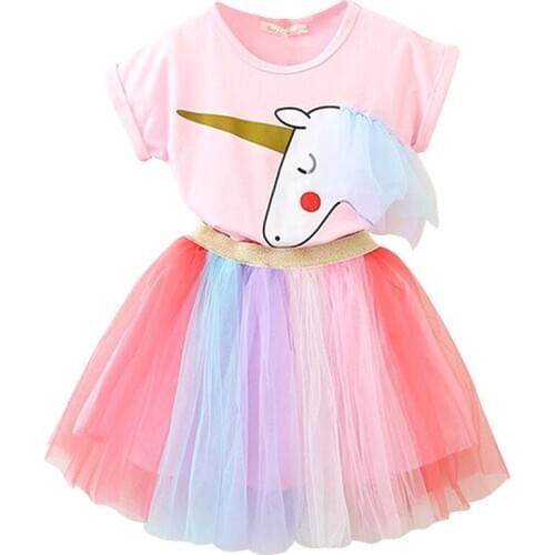 2019 Summer Girls Cartoon 2pcs Dress Clothes Set For Baby Girl Unicorn Print Rainbow Childrens Casual Suits Kids Clothing Sets