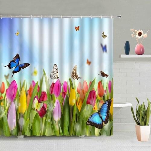 Colorful Flowers Shower Curtain Tulip Lavender Lily Butterfly Sky Background Wall Bathroom Decoration Shower Curtains With Hooks