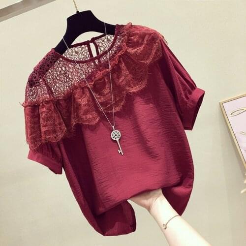Lace blouse summer new style Korean loose hollow western style splicing ruffled chiffon shirt