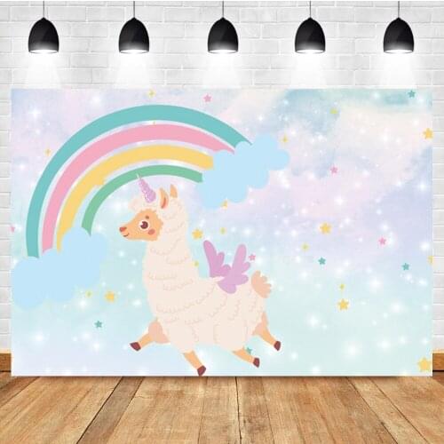Laeacco Rainbow Cartoon Alpaca Unicorn Star Glitter Baby Birthday Portrait Photography Backdrop Photo Background For Photo Studi