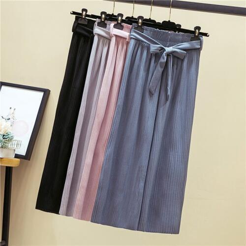 New Summer Autumn Sashes Thin Chiffon Wide Leg Pants Women Elastic Waist Pleated Trousers Sweet Bow Loose Beach Leggings Mw447