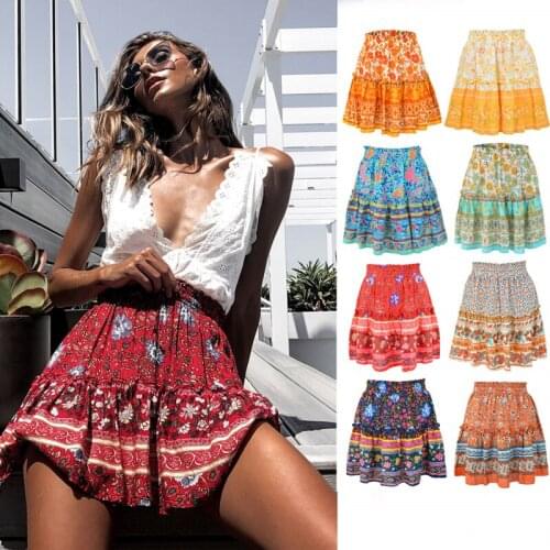 Summer Skirts Boho 2021 Woman Floral Print Beach Ruffles Skirt Casual High Waist Pleated Slim Loose Mini Skirts Woman Jupe Short
