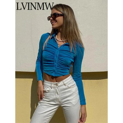 LVINMW Solid Fashion Single Breasted Turn-down Collar Long Sleeve Woman T Shirts Folds Casual Slim Temperament Tops Streetwear