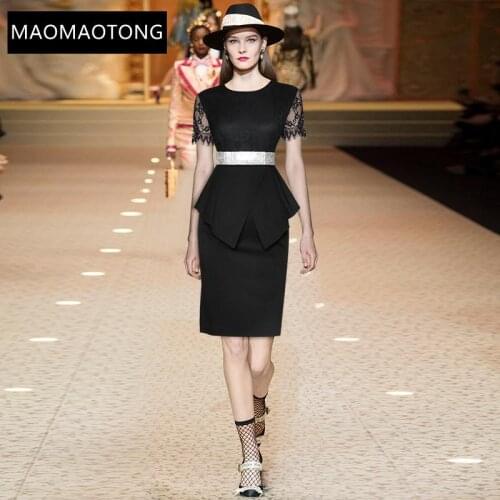 Fashion Designer Summer Slim Midi Dress Womens Splicing Lace Short sleeve Beading Elegant Party Dress