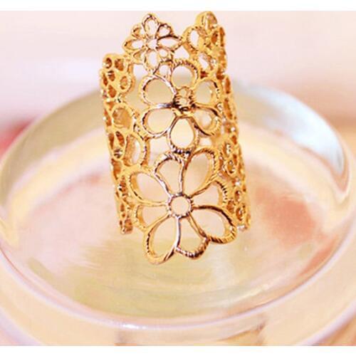 Fashion Long Hollow Flower Ring Elegant Lace Rose Golden Silver Plated Black Rings for Women