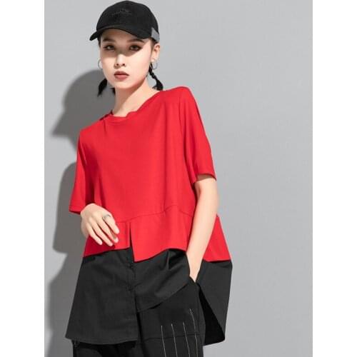Fashion Irregular Black White Summer Tees Tops Women Blouse Short Sleeved Ruffle Big Loose Size Cotton Casual T-Shirt