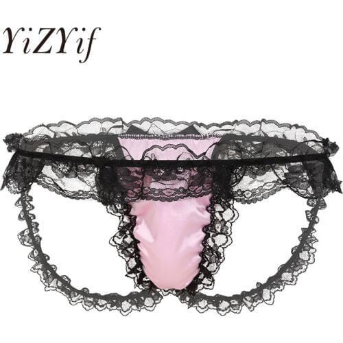 Mens Sissy Satin Lingerie Sexy underwear thongs Low Rise Bulge Pouch T-back Frilly Ruffled Lace Bikini Thong Briefs Underwear