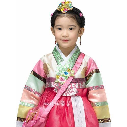 New Baby Girls Traditional Korean Hanbok Fashion Style Dress Cotton Long Sleeve Child Asian Clothing