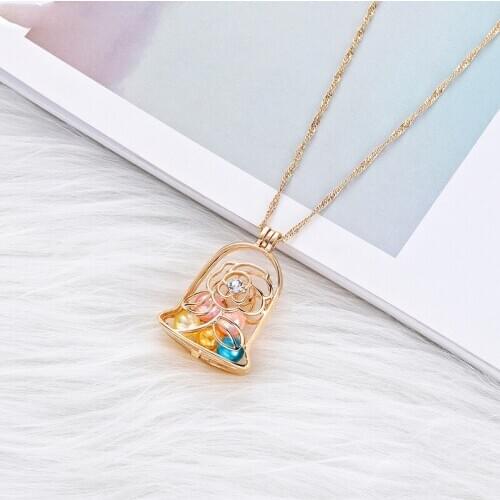 Handmade Rose Flower Necklace Crystals Lockets Pendant Gold Pearl Cage Necklace Beauty and the Beast Women Valentines Day Gift