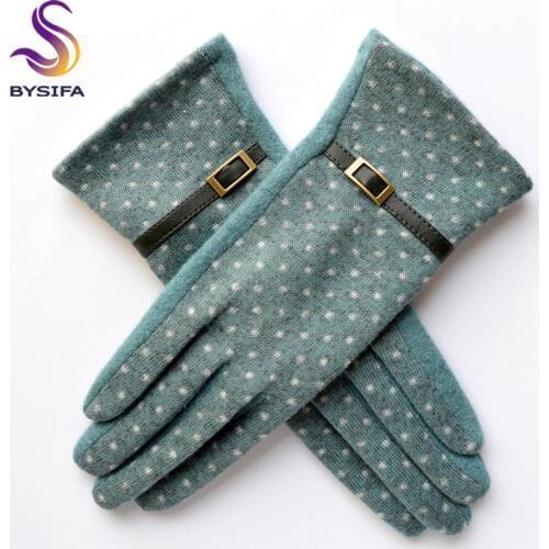 [BYSIFA] Navy blue Wool Mittens Gloves Trendy Winter Women Thick Cashmere Gloves Fashion Dot Elegant Female Warm Thick Golves